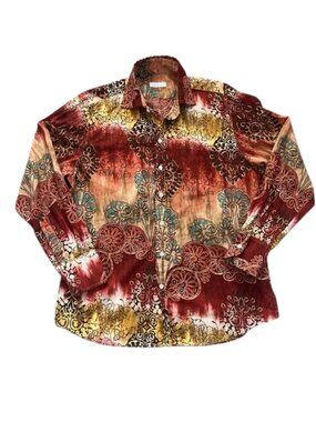 Seaplane Men's Red/Tan Patterned Long-Sleeve Button-Down Shirt Gold Glitter Sz L